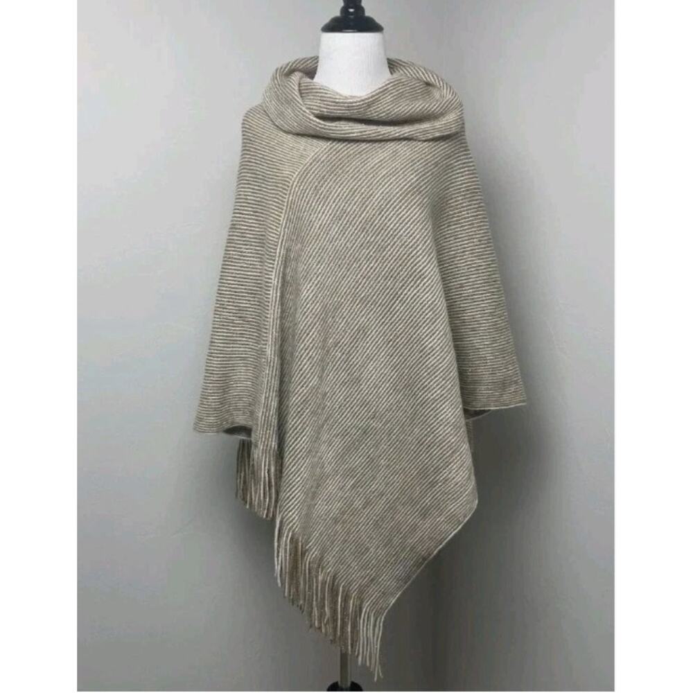 Chicos Women's Poncho One Size Cowl Neck Knit Stripe Fringe Cozy Tan White Gold